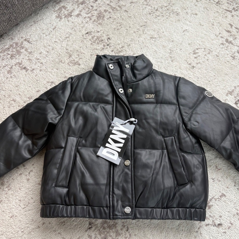 DKNY Kids Black Faux Leather Puffer Jacket Coat Size 5/6 winter NWT